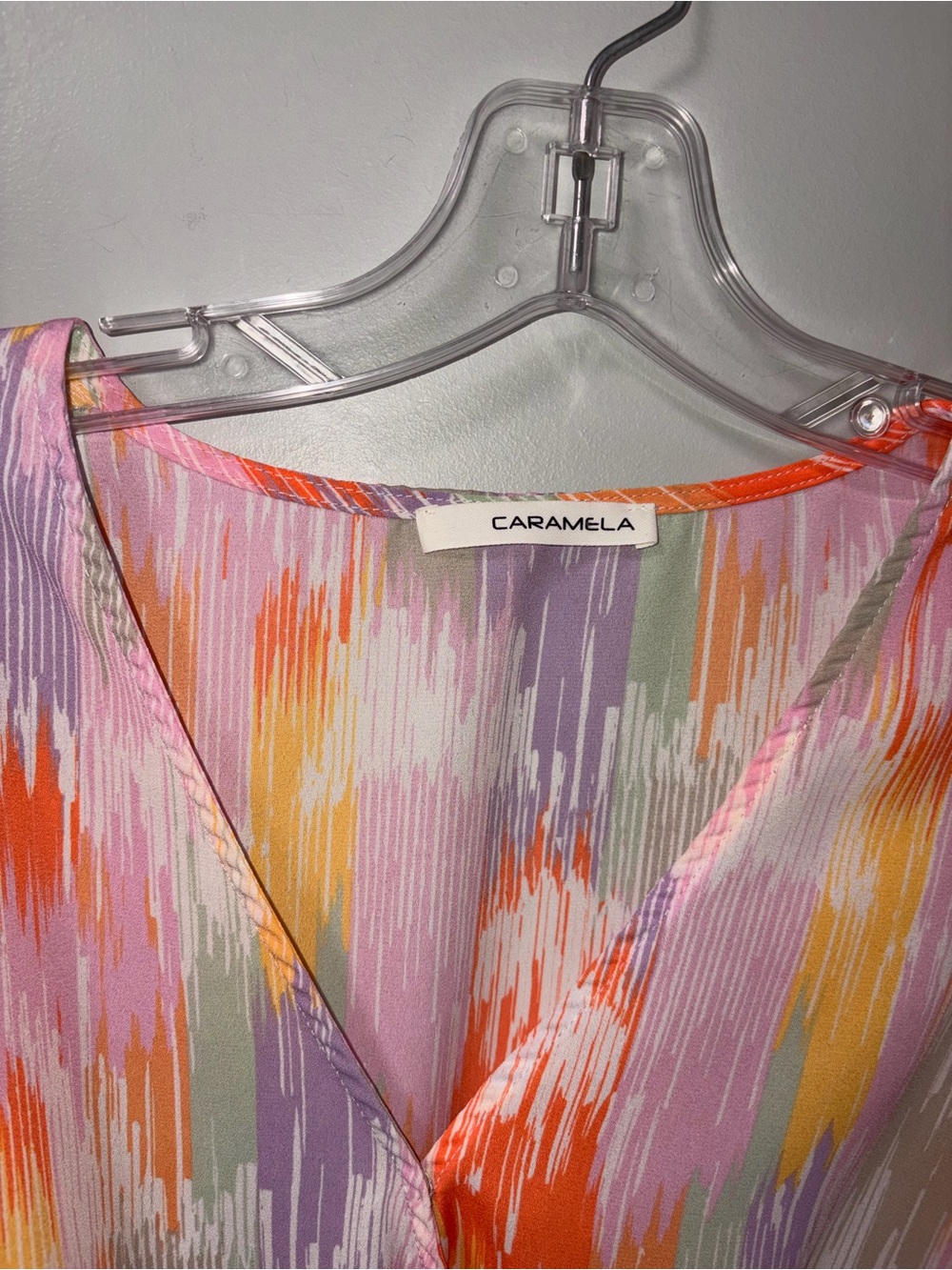 Caramela Multicolor Pastel Abstract V Neck Peplum Top Flutter Sleeves Boho S - Picture 2 of 4